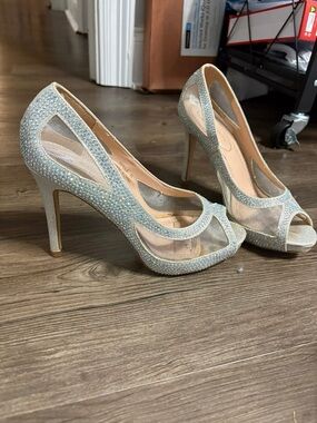 Crystal Mesh Peep-Toe High Heels in Silver